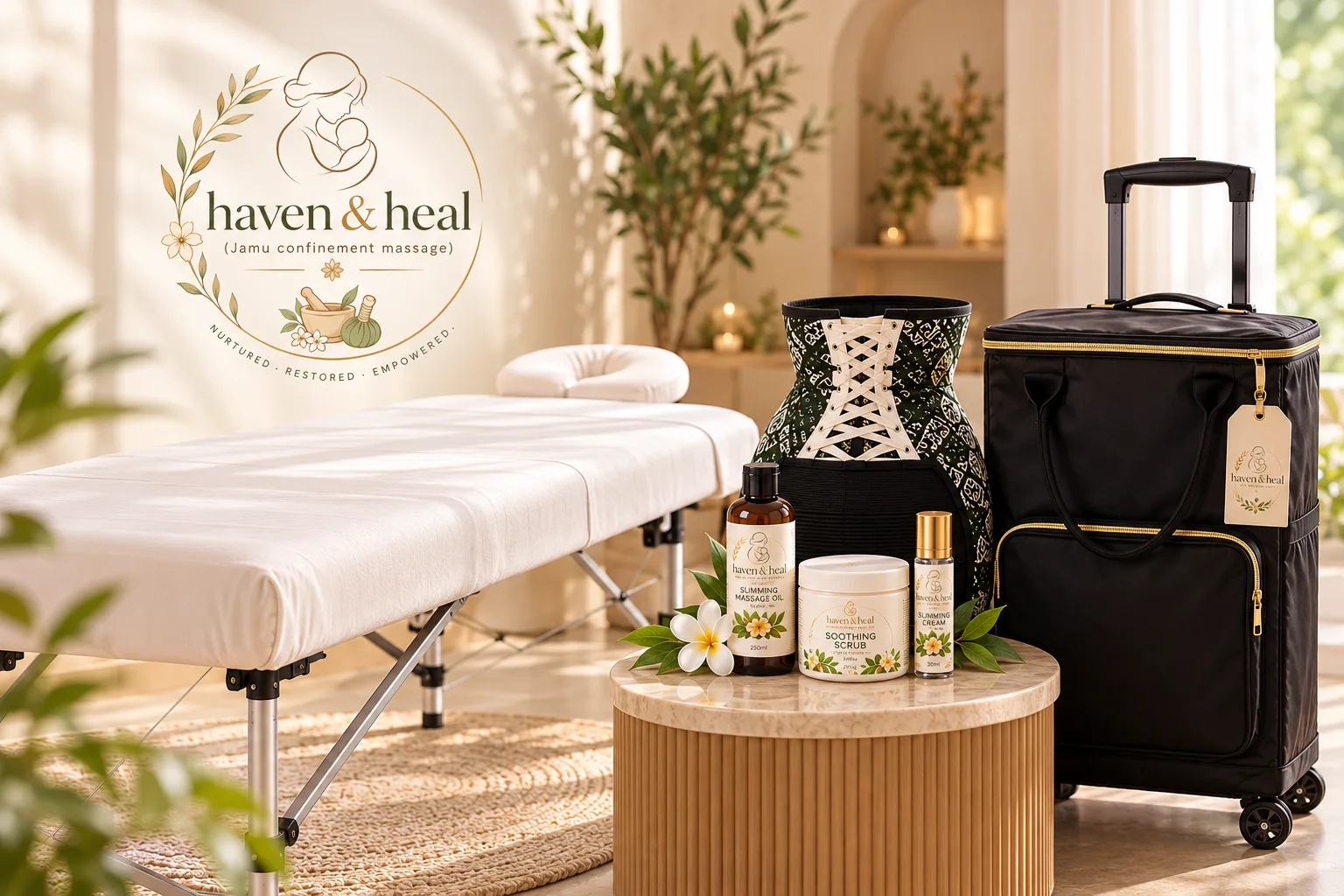 Haven & Heal home-visit setup: portable massage bed, customised binder, Jamu massage oil, scrub and cream, and a travel case